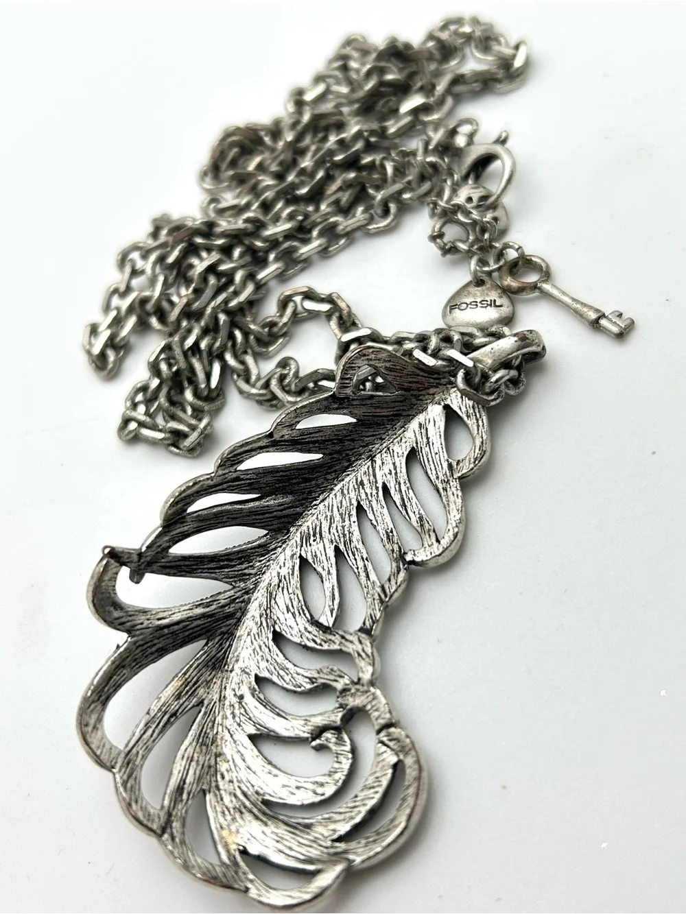 Fossil Jeweled Feather Pendant Necklace